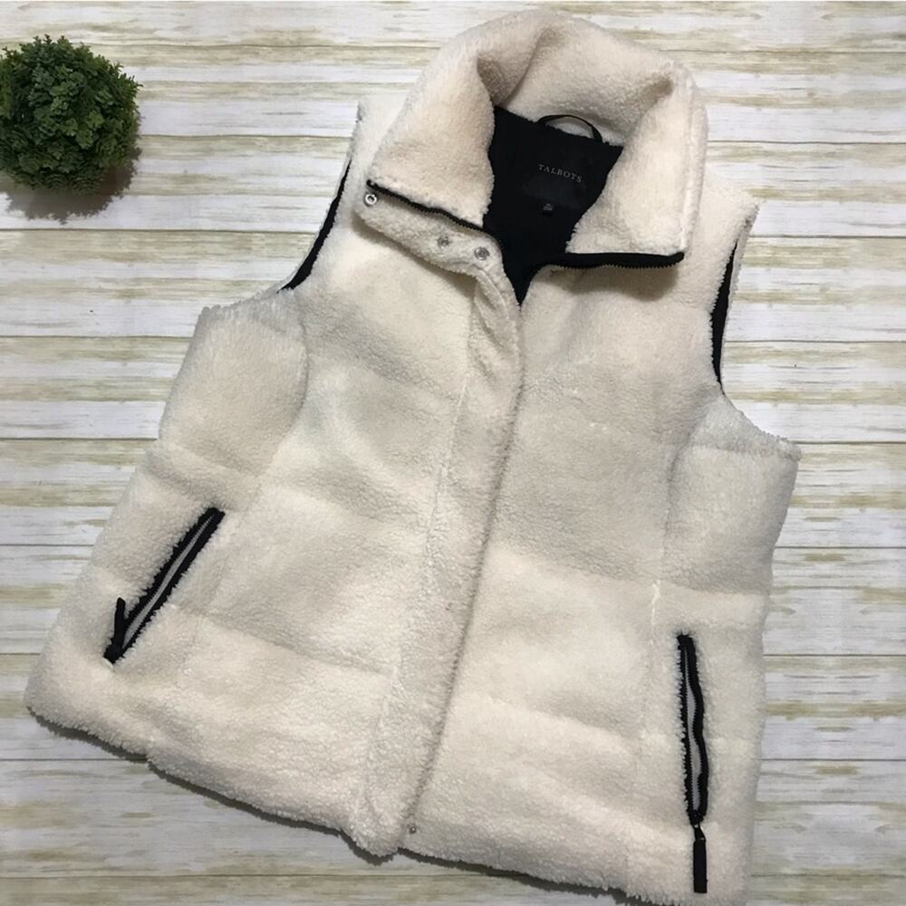 Talbots Black White Faux Sherpa Shearling Cozy Warm Puffer‎ Vest Size XL